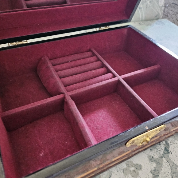 Deep Rich Marquetry Glossy Finish Wooden Wood Jewelry Box Gold Tone Hardware - Picture 10 of 15